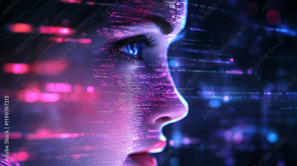 Poster a digital portrait blending human features with abstract data elements.