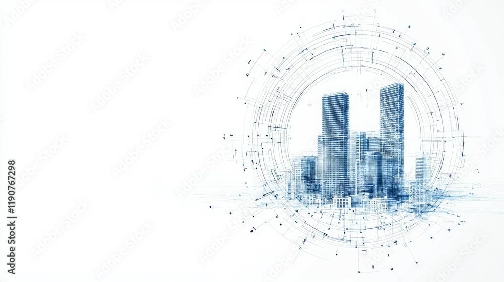 Poster a digital representation of skyscrapers with a futuristic design and abstract elements.