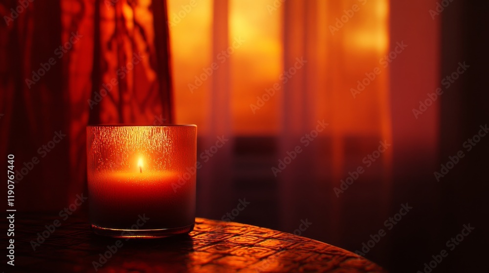 Poster warm and inviting candlelit scene illuminated by golden glow from a sunset, creating a cozy atmosphe