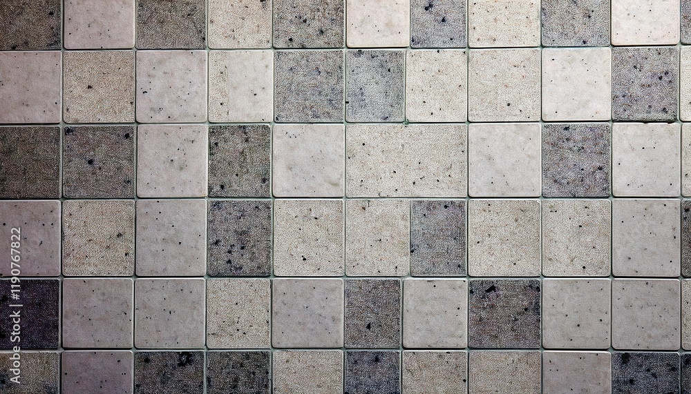 Aufkleber close-up of weathered square tiles in muted beige and gray tones, creating a textured pattern ideal 