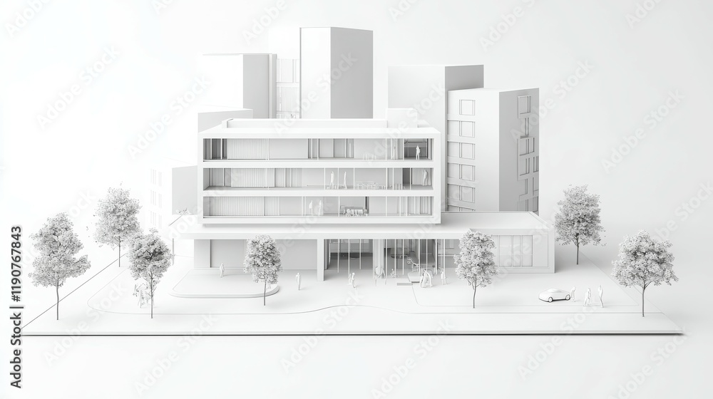 Poster a minimalist architectural model showcasing a modern building and surrounding structures.