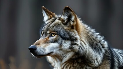 Fototapeta premium Intense portrait of a wolf showcasing its striking features in a natural setting, symbolizing strength and wild beauty