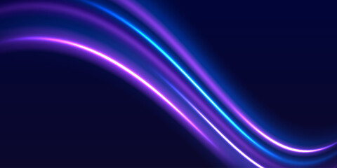 Speed police line. Laser beams, horizontal light rays. Magic shining neon light line trails. Purple glowing wave swirl, impulse cable lines. High speed effect motion blur night lights