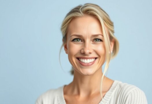 A Nordic blond woman with a warm smile and relaxed posture