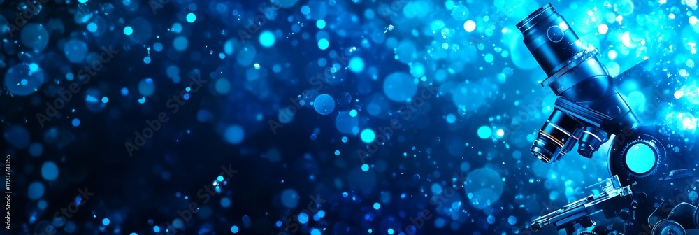 Poster microscope in deep blue with bokeh effect banner background for science and medical research