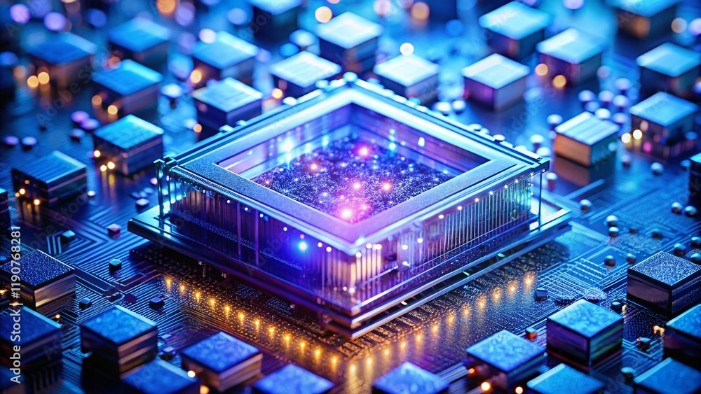 Poster futuristic quantum computer: smart cpu cores & quantum qubits integrated for innovative solutions