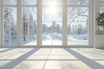 Scandinavian interior design features a white empty room with a winter landscape