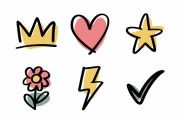 Hand Drawn Colorful Icons Crown Heart Star Flower