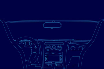 Blue cartoon drawing of a car dashboard with a steering wheel and a radio. Concept of modern technology and sleek design