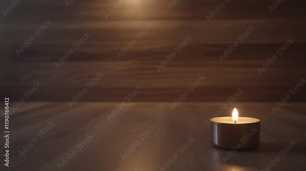 Aufkleber warm glow of a single burning candle on a wooden table creating a serene atmosphere for relaxation a