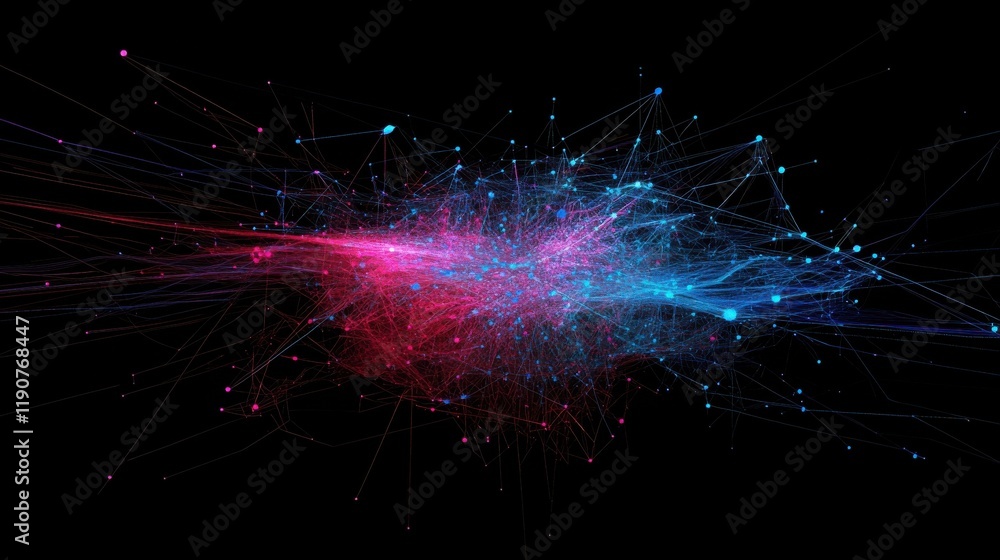 Poster digital connectivity concept with network of lines and dots. vibrant pink and blue data stream visua