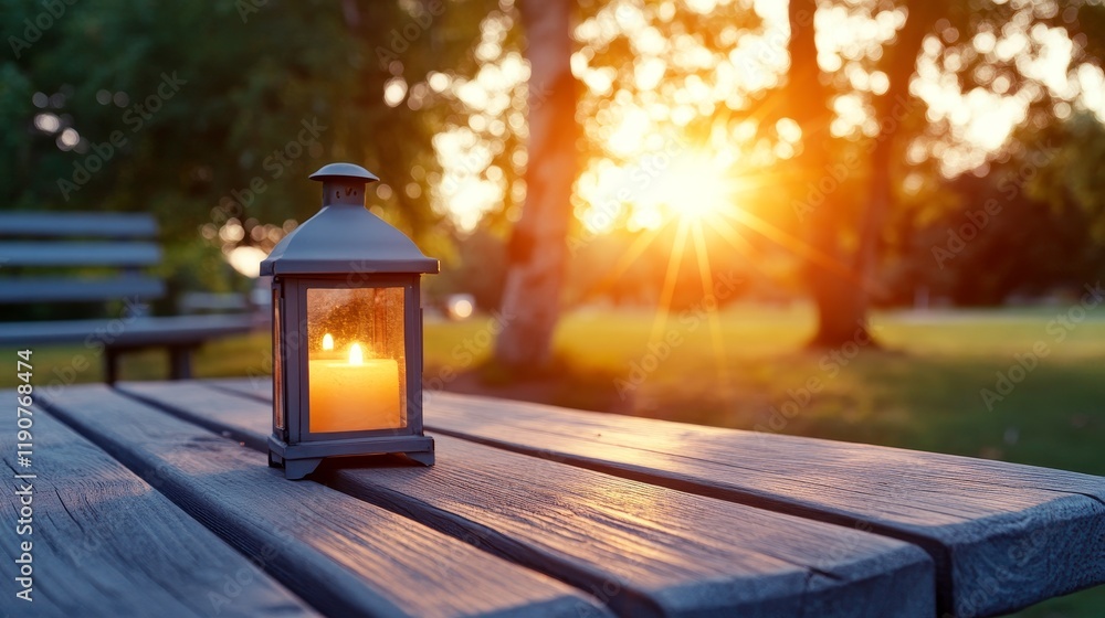 Poster warm glow of a lantern captured during a golden sunset in a serene outdoor setting with sunlight fil