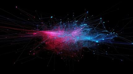 Digital connectivity concept with network of lines and dots. Vibrant pink and blue data stream visualization. Abstract network connections with futuristic flair.