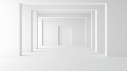 A minimalistic white corridor with multiple frames creating a sense of depth and perspective.