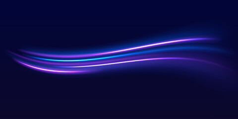Speed police line. Laser beams, horizontal light rays. Magic shining neon light line trails. Purple glowing wave swirl, impulse cable lines. High speed effect motion blur night lights