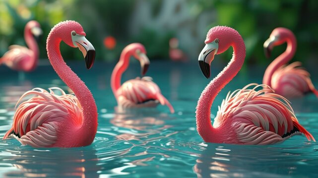 Vibrant flamingos swimming in serene turquoise water, exemplifying tropical wildlife beauty in a lush environment
