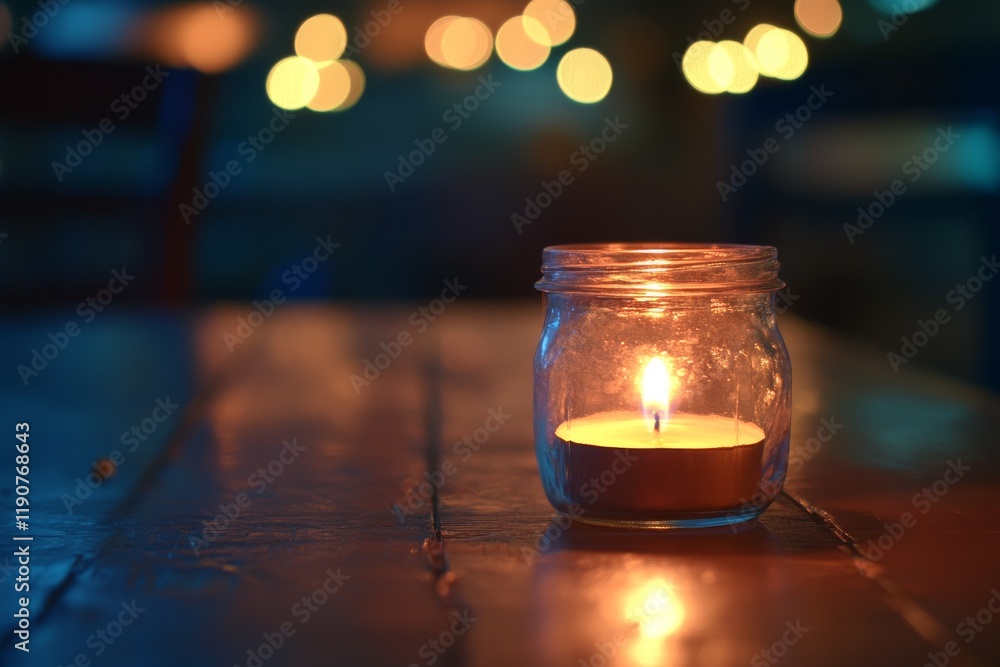 Poster Warm Glow of a Single Candle Illuminating a Relaxing Evening Table Setting with Soft Bokeh Background and Warm Ambient Light Creating a Cozy Atmosphere