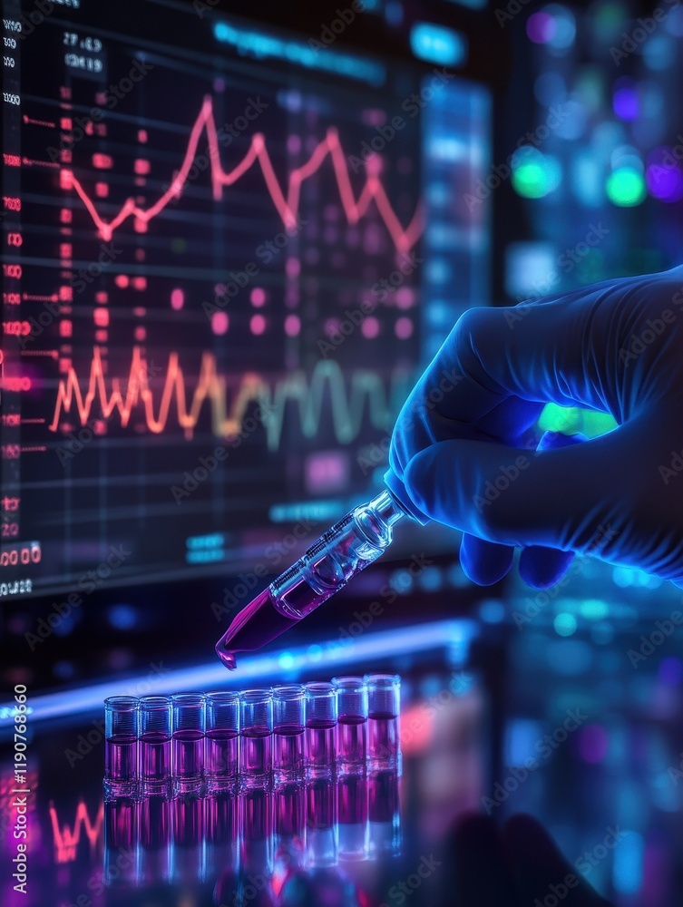 Poster a digital screen with graphs and dna sequences hovers in the background as a gloved hand arranges vi