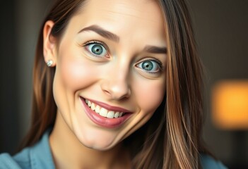 Surprised female portrait with a bright smile and focused eyes