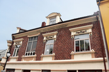 Building in Alesund city on a summer day, Norway. View of colorful Art Nouveau architecture