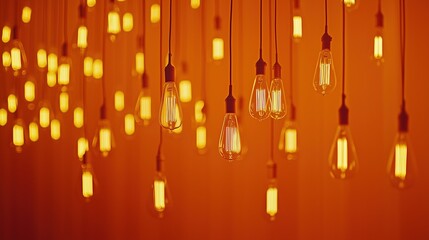 A warm, ambient display of hanging light bulbs glowing with a soft orange hue, creating a cozy and inviting atmosphere.
