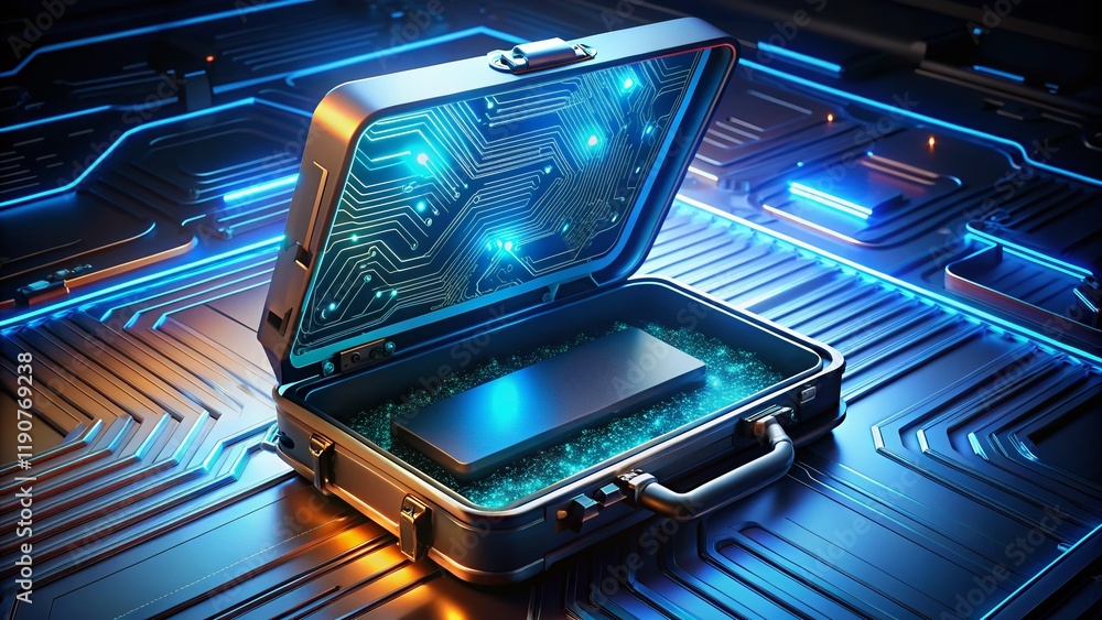 Poster futuristic tech: glowing circuit board in open briefcase - dark background