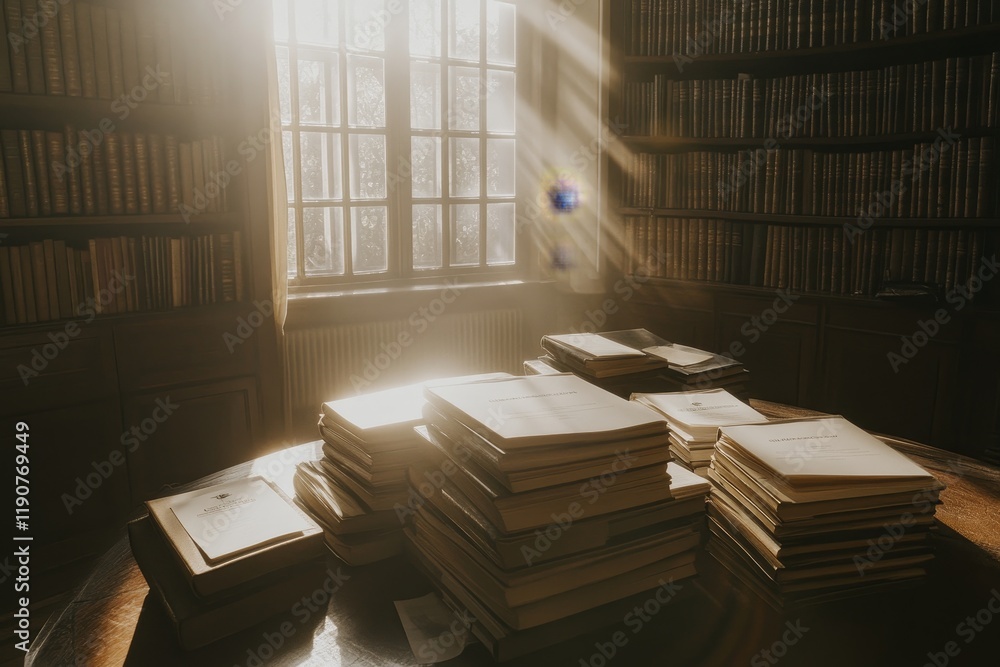 Poster warm sunlight filtering through a vintage library window illuminating stacks of books resting on a w