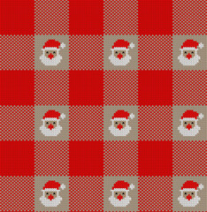 Red and beige check with Santa Claus head seamless pattern. Knit texture. Christmas vector illustration.
