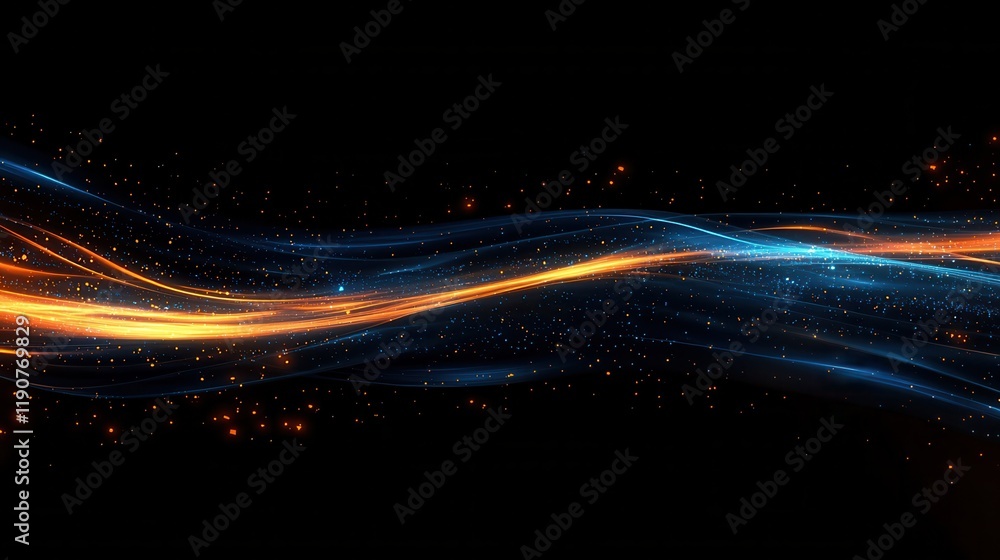Poster abstract digital data stream background with glowing blue lines, orange particles and a futuristic f