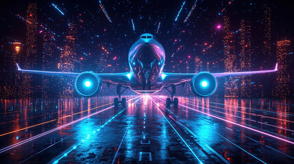 Futuristic airplane on neon runway at night.