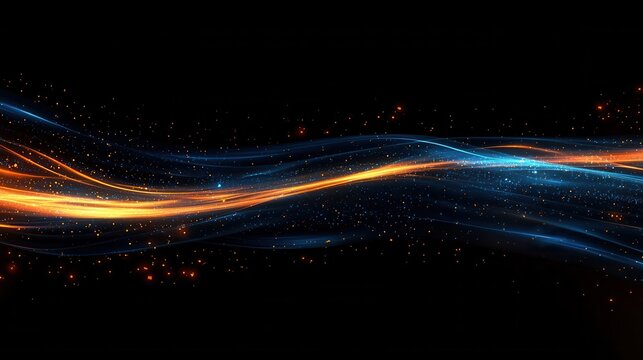 Abstract digital data stream background with glowing blue lines, orange particles and a futuristic feel, representing technology, connectivity, data flow, and the digital world.