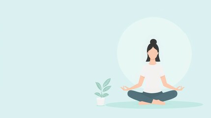 A woman meditating peacefully with a plant nearby, promoting mindfulness and relaxation.
