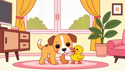 Playful puppy nibbling on toy duck in cozy living room, joyful bonding