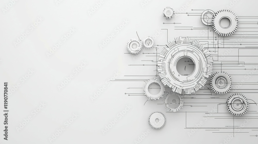 Poster abstract composition of gears and lines on a white background, symbolizing technology and innovation