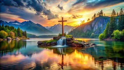 Fototapeta premium Serene Sunset: Christian Cross on Island Waterfall Landscape