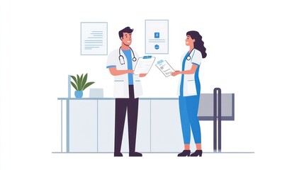 Two doctors reviewing patient charts in a clinic.