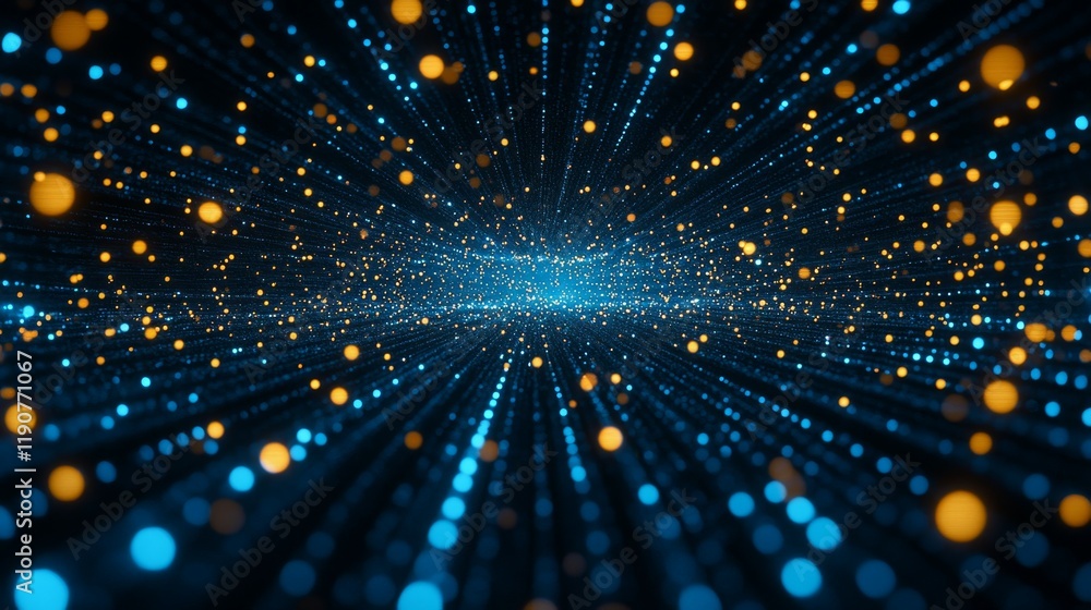 Poster abstract digital visualization of particles in motion, representing data flow or energy.