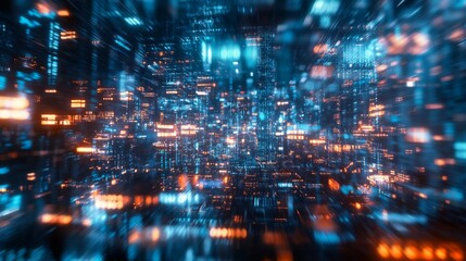 Abstract digital landscape with vibrant blue and orange lights, suggesting technology and data flow.