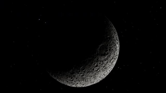 sun reveals the moon in space. 3d animation of the different phases of the moon. sun lights up the moon.
