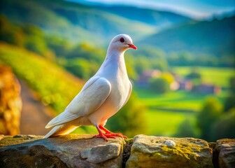 Serene White Pigeon on Ancient Wall - Peaceful Bird Stock Photo