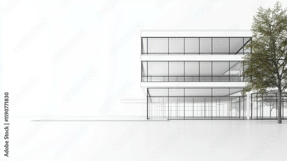 Poster modern architectural design featuring a minimalist building and a tree.