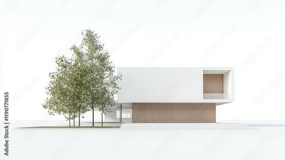 Poster modern architectural design featuring a minimalist building and surrounding trees.