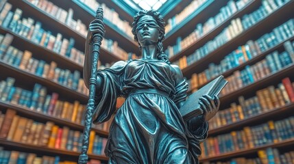 Obraz premium Statue of Justice in an Opulent Library Setting with Colorful Books
