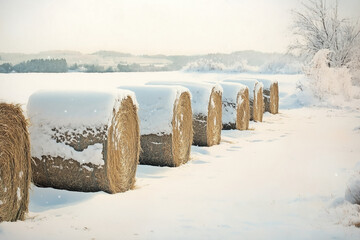 A photograph of hay bales in the snow