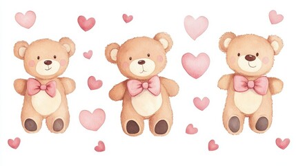Obraz premium Three Adorable Teddy Bears with Pink Hearts Watercolor Illustration