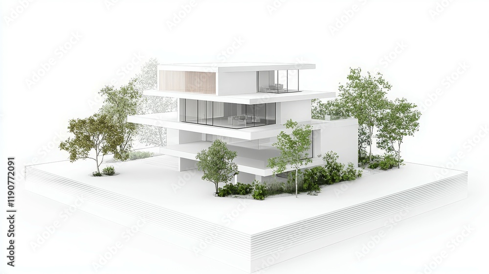 Poster modern architectural design featuring a multi-level building with greenery.