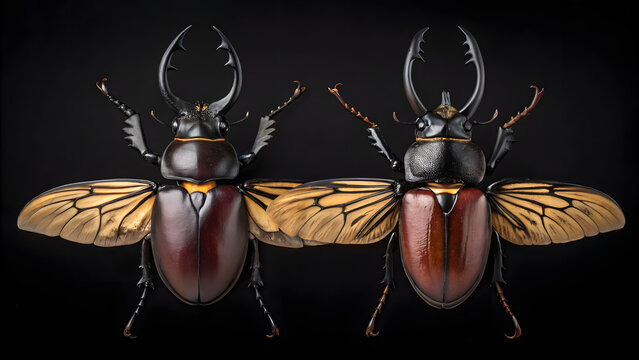 Giant Prionus Beetles Two majestic giant prionus beetles, with their large mandibles and striking amber wings, displayed against a stark black background.