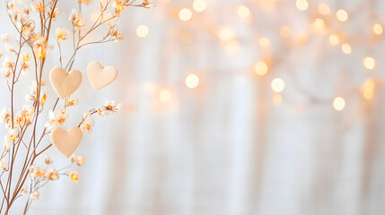 Fototapeta premium Soft romantic fabric hearts hanging on delicate floral branches with a bokeh background with copy space, ideal for wedding invitations or romantic cards. Selective focus