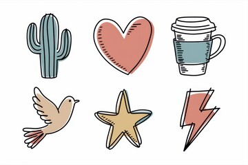 Fototapeta premium Six Hand Drawn Cute Illustrations Featuring Nature and Objects