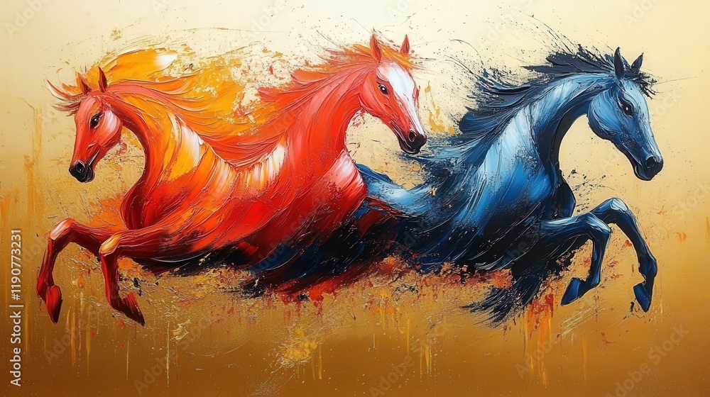 Poster vibrant abstract horses in motion with dynamic colors and expressive brushstrokes for decorative bac